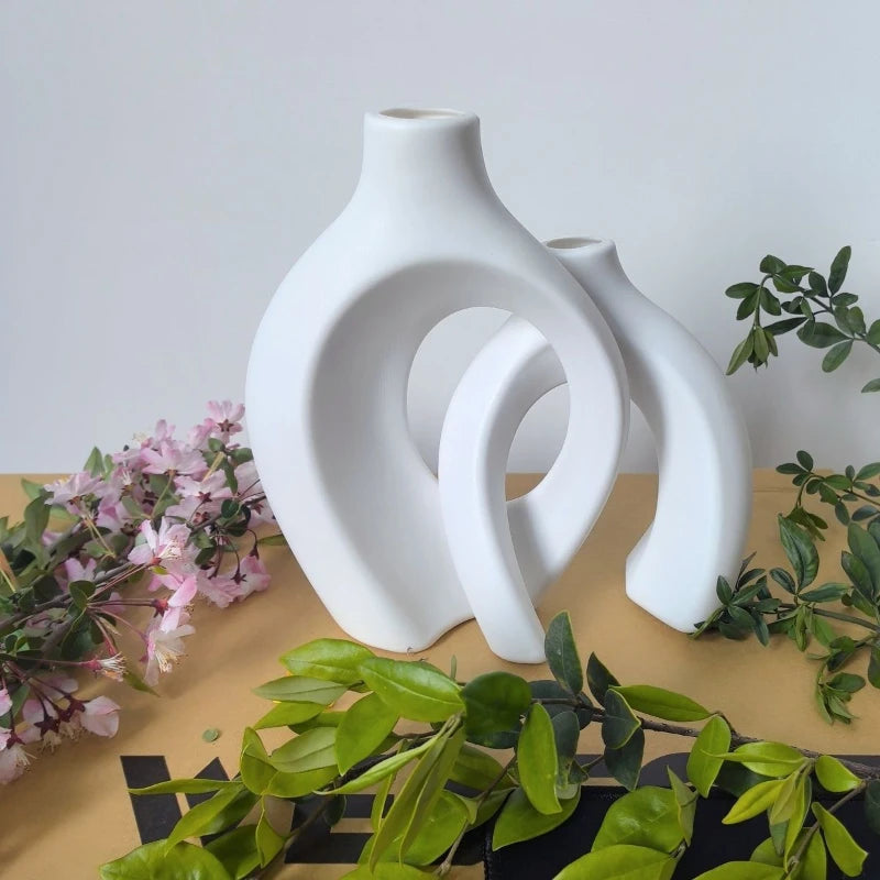 Hollow Nordic Modern Vase Set of 2 | Plastic Imitation Ceramic Vases for Minimalist Home Decor