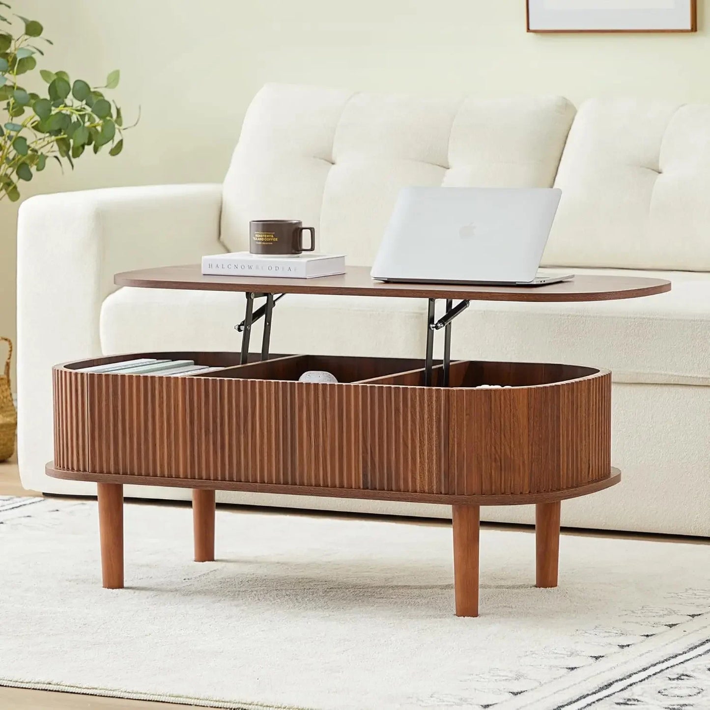 Lift Top Oval Coffee Table – Modern Fluted Wood Center Table with Hidden Storage, Fully Assembled Design