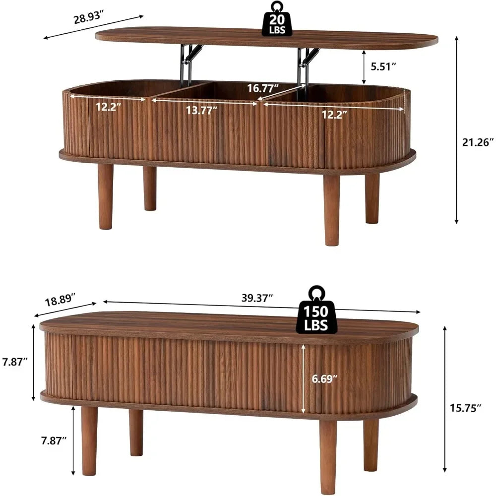 Lift Top Oval Coffee Table – Modern Fluted Wood Center Table with Hidden Storage, Fully Assembled Design