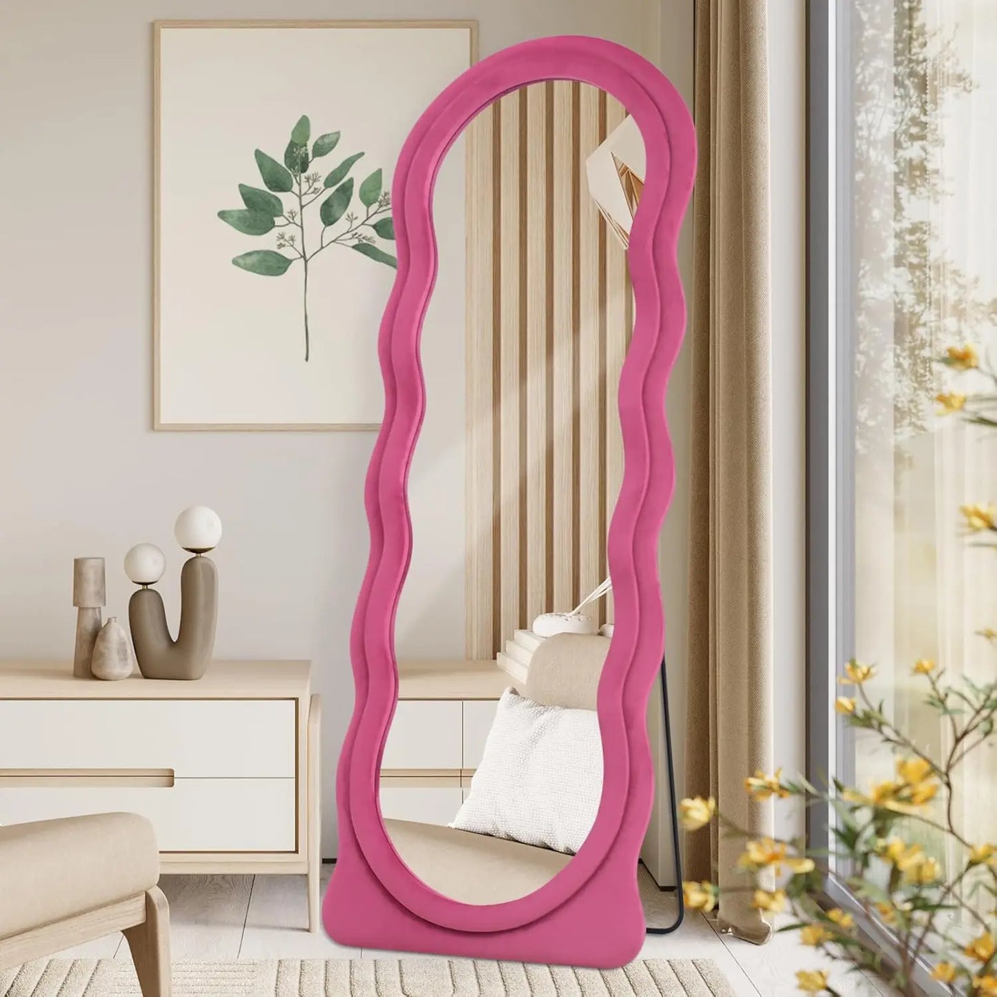 🪞 Full-Length Arched Wavy Mirror 63" x 24" – Milk Tea Flannel Frame | Wall Mounted, Floor, or Leaning Mirror