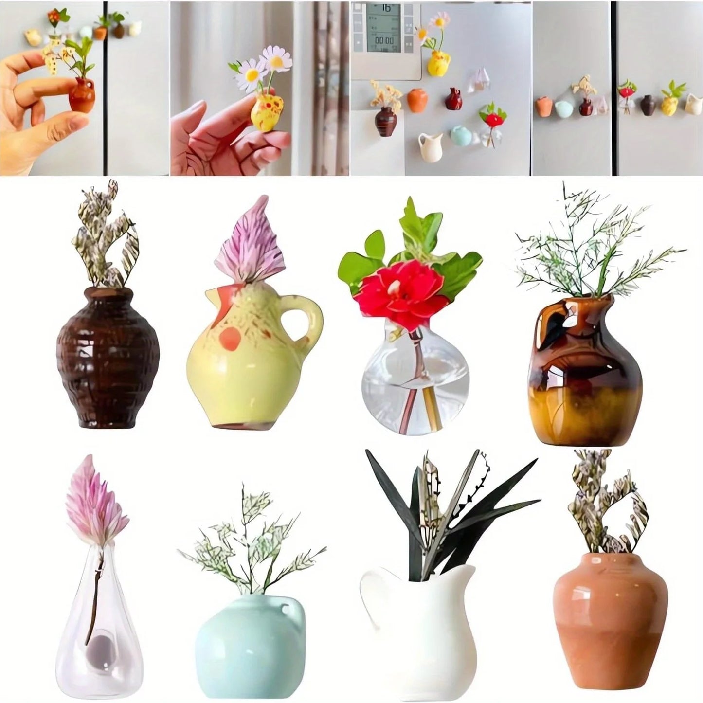 Mini Ceramic Magnetic Bud Vase Set – Aesthetic Fridge Flower Magnets (Cute Micro Decor)