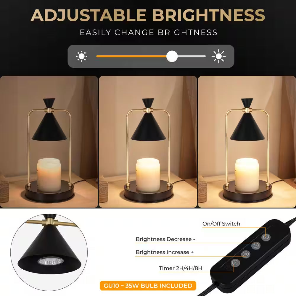 “Modern Black & Gold Candle Warmer Table Lamp – 11.8” with Metal Shade & Timer Option”