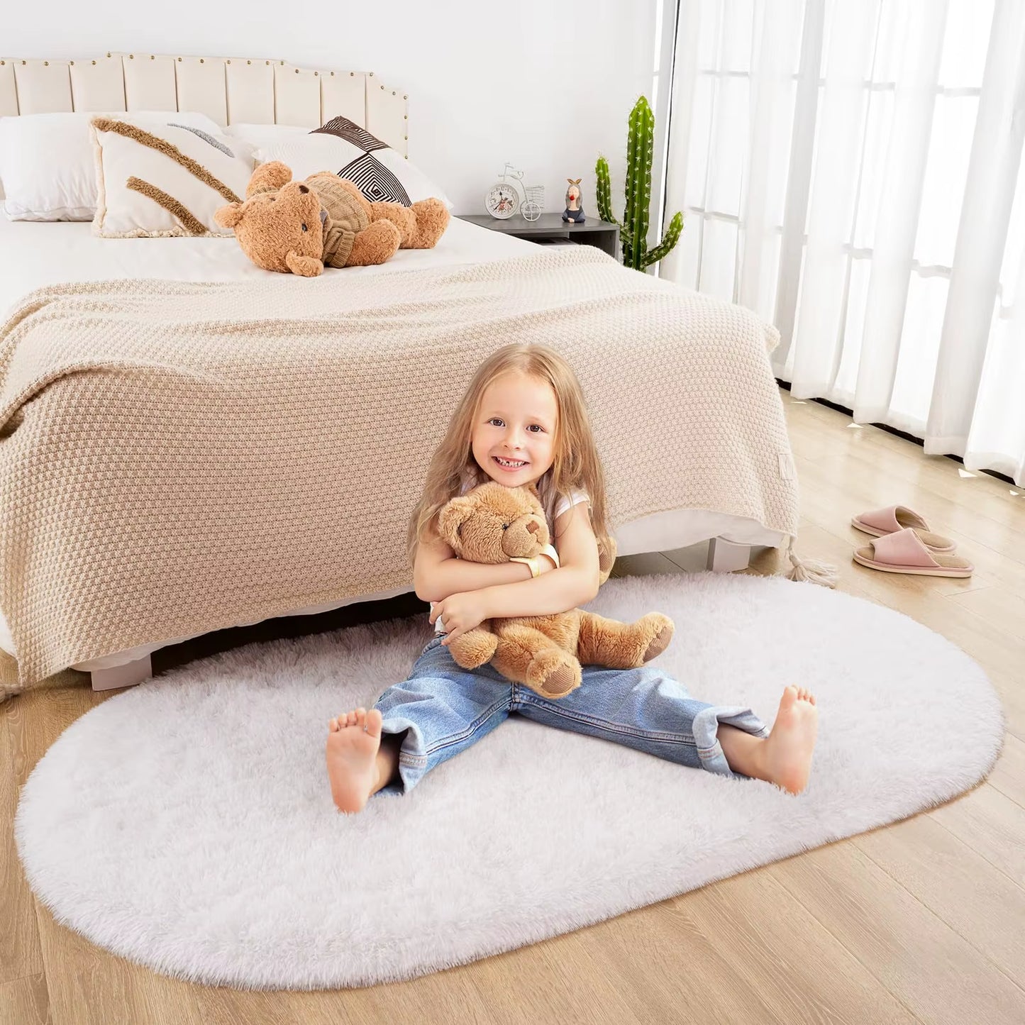 Ellipse Fluffy Plush Carpet – Soft Silky Area Rug for Bedroom, Balcony, Living Room & Playroom Decor