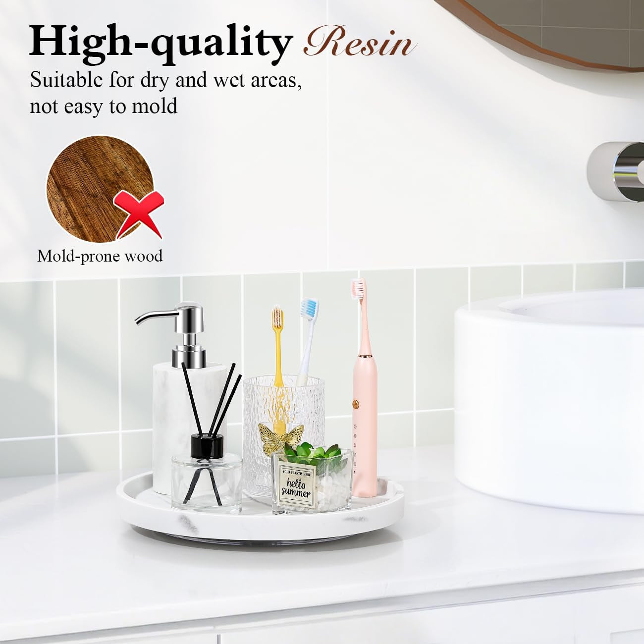 10.6" Marble Lazy Susan Turntable – Rotating Organizer Tray for Kitchen, Bathroom & Dining (Gravel White)