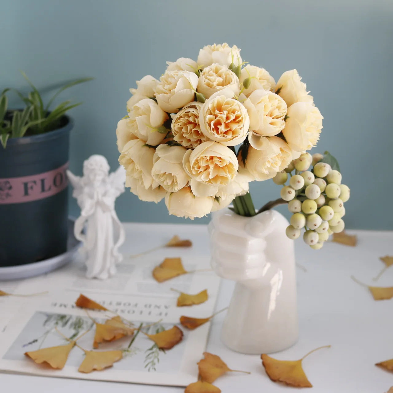 27-Head Artificial Tea Rose Bouquet – Silk Wedding & Home Decor Flowers