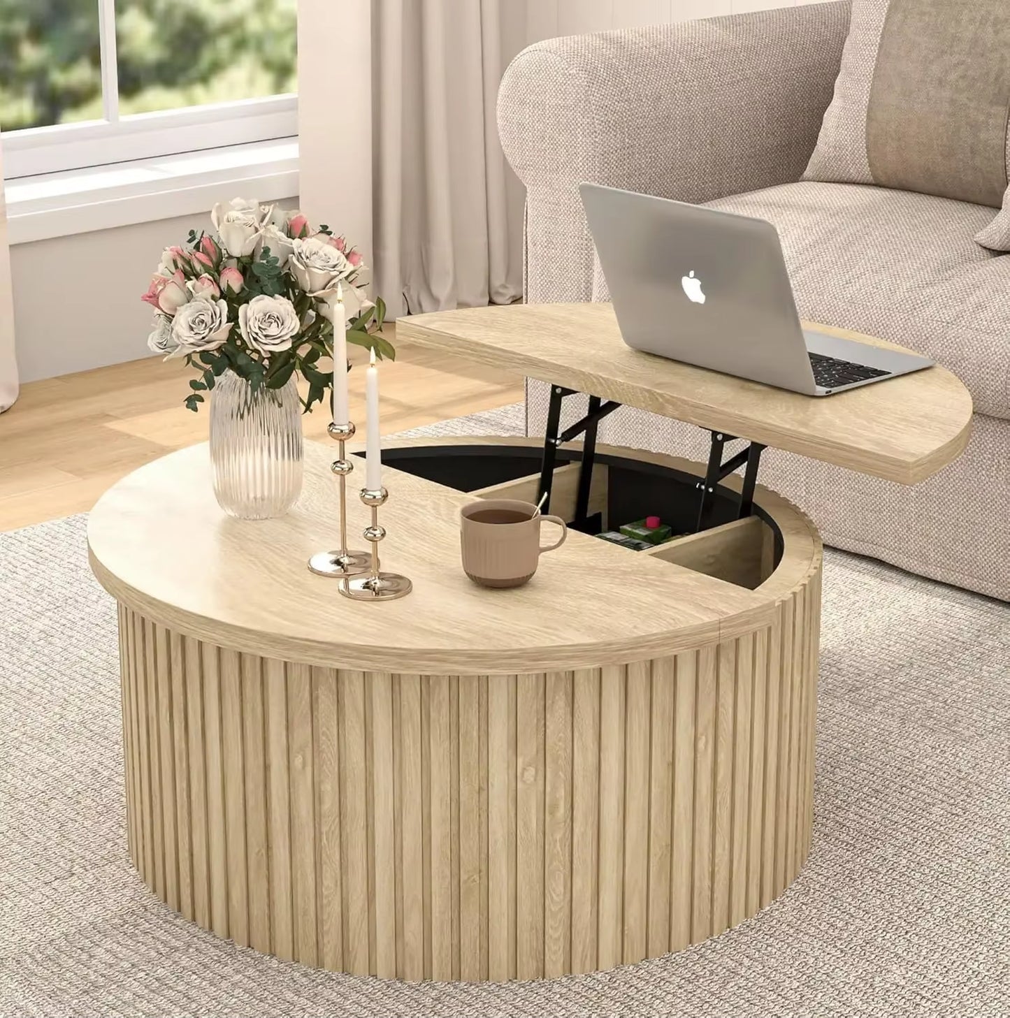 Round Wood Coffee Table with Lift Top Storage – 34.6" Farmhouse Fluted Center Table for Living Room