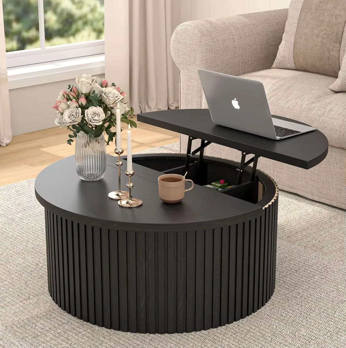 Round Wood Coffee Table with Lift Top Storage – 34.6" Farmhouse Fluted Center Table for Living Room