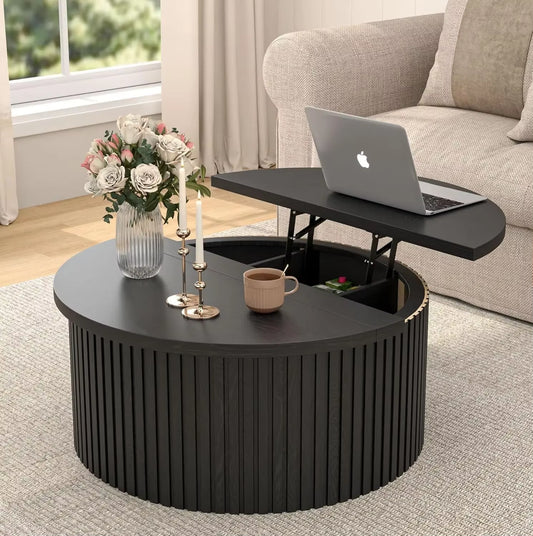 Round Wood Coffee Table with Lift Top Storage – 34.6" Farmhouse Fluted Center Table for Living Room