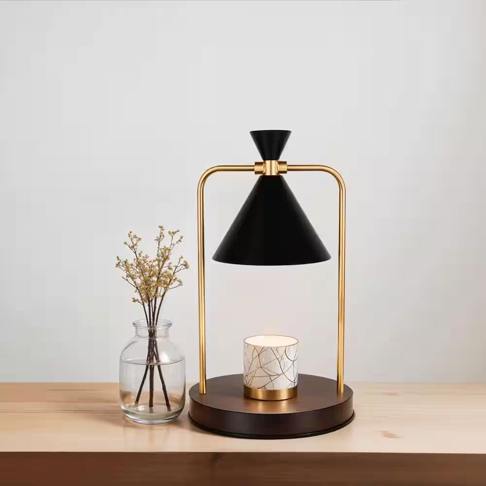 “Modern Black & Gold Candle Warmer Table Lamp – 11.8” with Metal Shade & Timer Option”