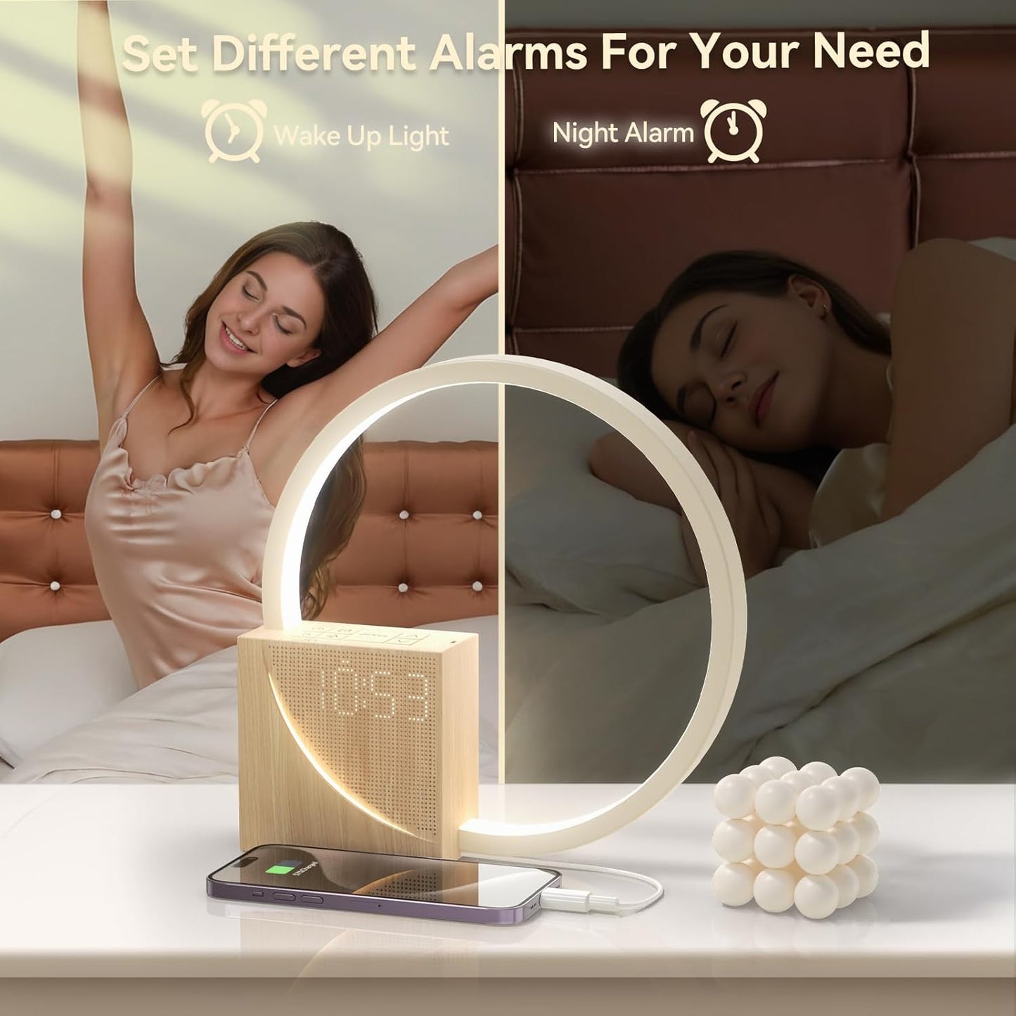 Sunrise Alarm Clock for Heavy Sleepers – Wake-Up Light with Dual Alarms, 10 Soothing Sounds, Snooze, USB Charger & Dimmable Touch Lamp | Sleep Aid & White Noise Machine for Adults