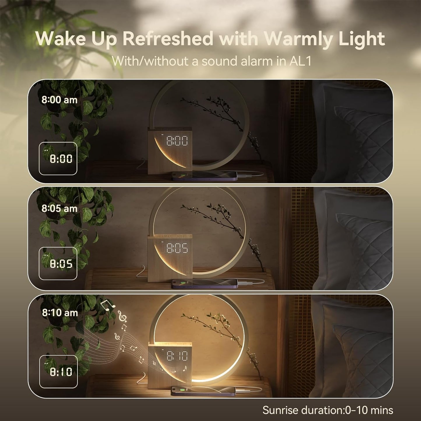 Sunrise Alarm Clock for Heavy Sleepers – Wake-Up Light with Dual Alarms, 10 Soothing Sounds, Snooze, USB Charger & Dimmable Touch Lamp | Sleep Aid & White Noise Machine for Adults