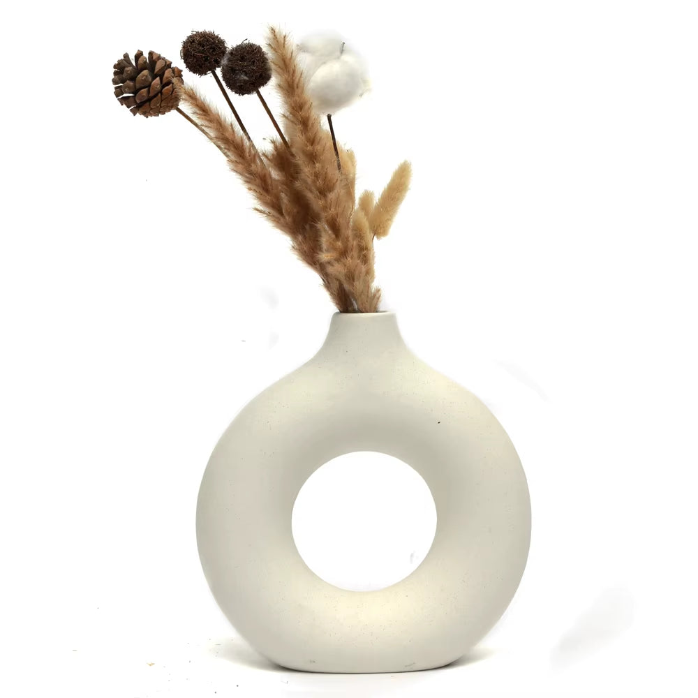 Ceramic Donut Vase – Minimalist Nordic Circular Hollow Flower Pot for Home Decoration and Gifts