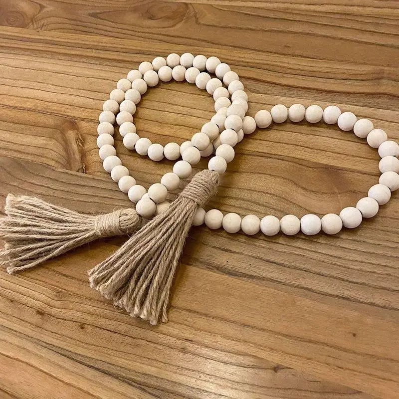 Farmhouse Wood Bead Garland with Tassels – 58” Rustic Boho Decor Accent