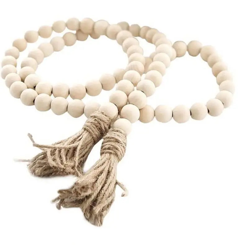 Farmhouse Wood Bead Garland with Tassels – 58” Rustic Boho Decor Accent