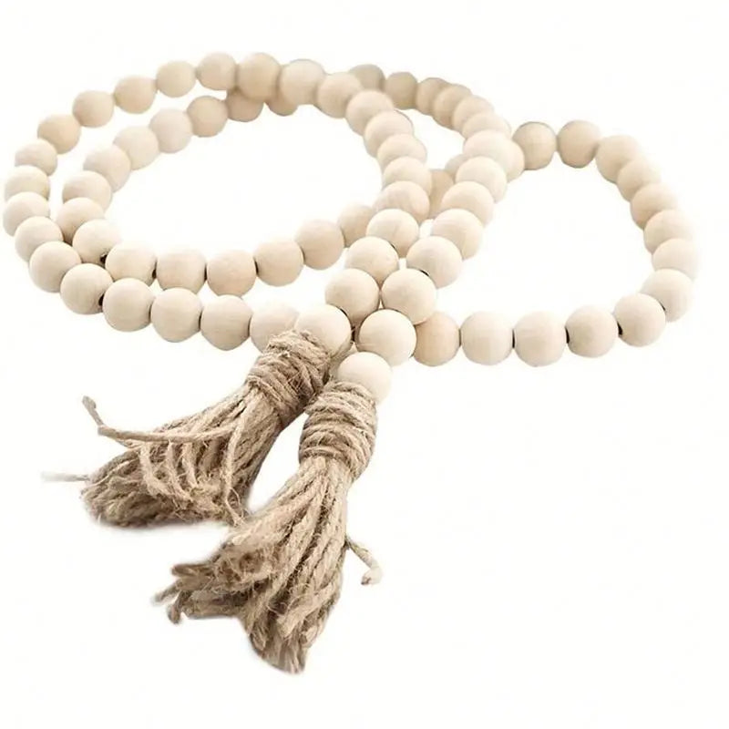 Farmhouse Wood Bead Garland with Tassels – 58” Rustic Boho Decor Accent