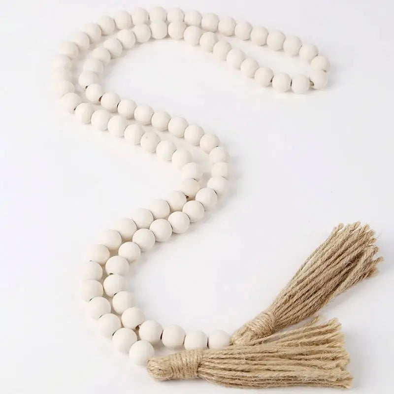 Farmhouse Wood Bead Garland with Tassels – 58” Rustic Boho Decor Accent