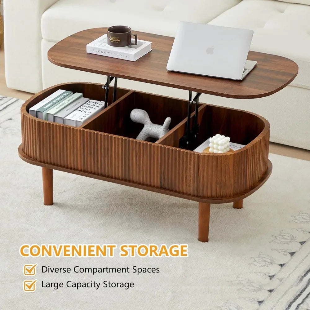 Lift Top Oval Coffee Table – Modern Fluted Wood Center Table with Hidden Storage, Fully Assembled Design
