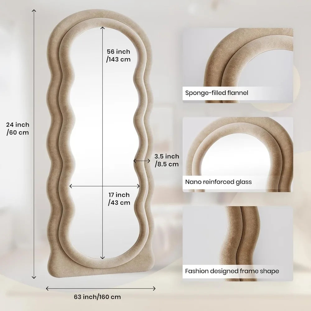 🪞 Full-Length Arched Wavy Mirror 63" x 24" – Milk Tea Flannel Frame | Wall Mounted, Floor, or Leaning Mirror