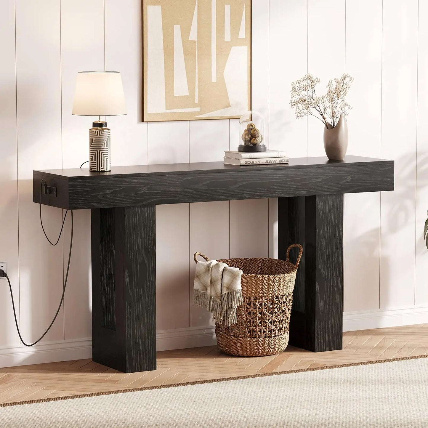 63” Rustic Charging Console Table with USB-C – Slim Sofa & Entryway Table