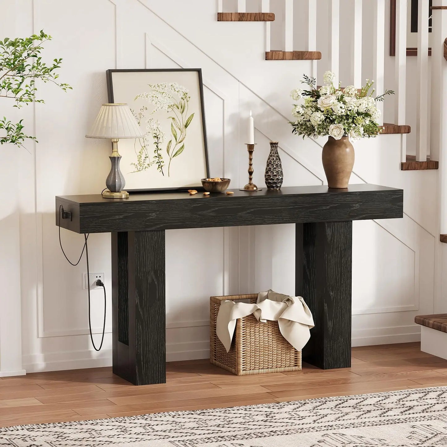 63” Rustic Charging Console Table with USB-C – Slim Sofa & Entryway Table
