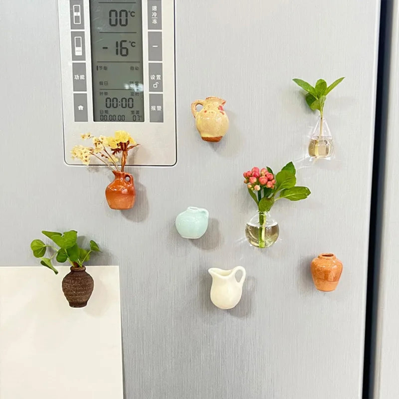 Mini Ceramic Magnetic Bud Vase Set – Aesthetic Fridge Flower Magnets (Cute Micro Decor)
