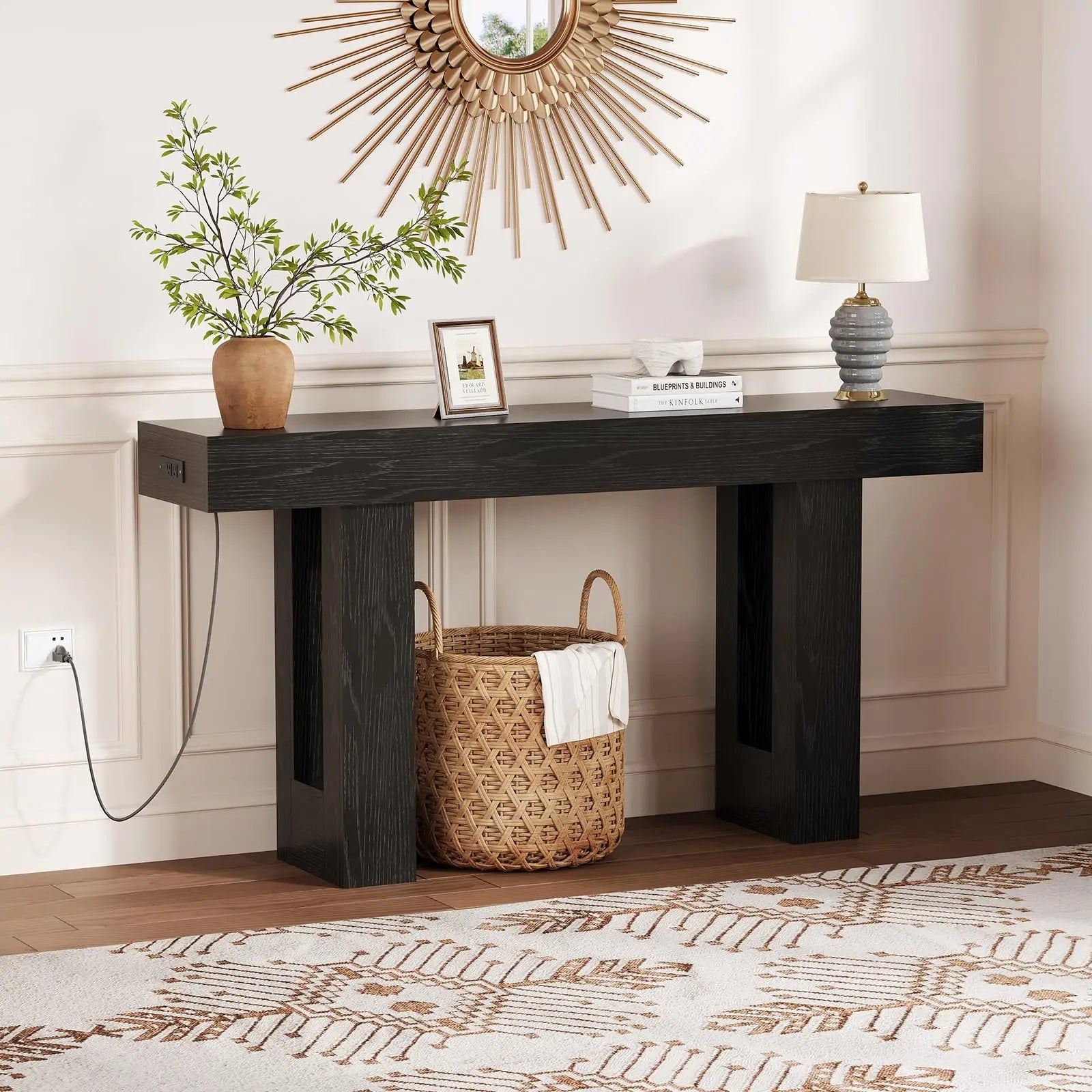 63” Rustic Charging Console Table with USB-C – Slim Sofa & Entryway Table