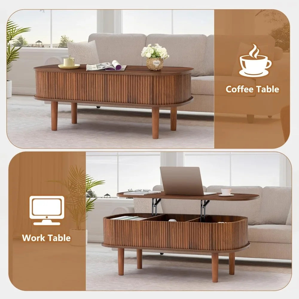 Lift Top Oval Coffee Table – Modern Fluted Wood Center Table with Hidden Storage, Fully Assembled Design