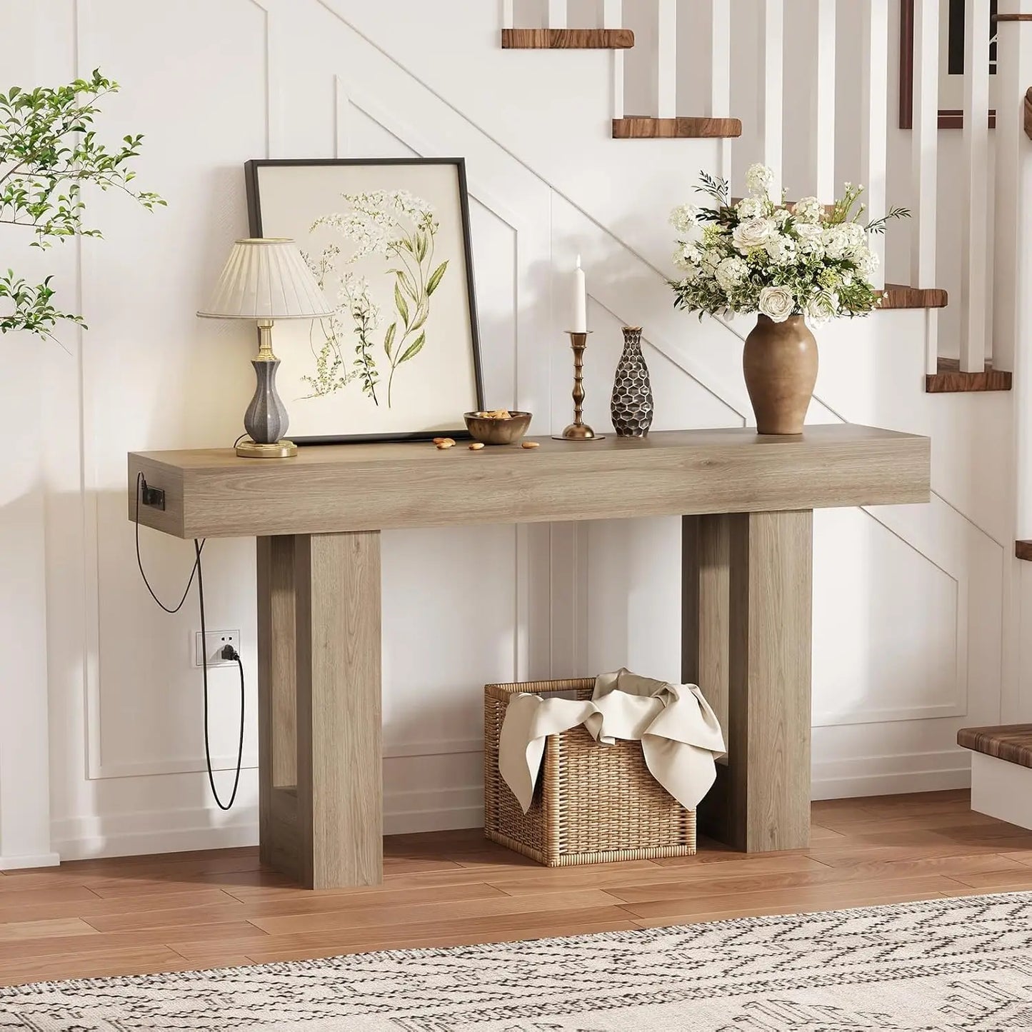 63” Rustic Charging Console Table with USB-C – Slim Sofa & Entryway Table