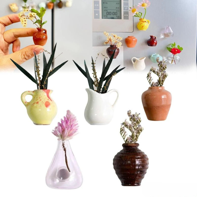 Mini Ceramic Magnetic Bud Vase Set – Aesthetic Fridge Flower Magnets (Cute Micro Decor)