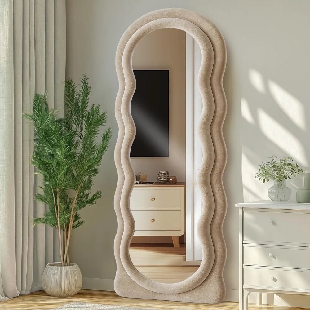 🪞 Full-Length Arched Wavy Mirror 63" x 24" – Milk Tea Flannel Frame | Wall Mounted, Floor, or Leaning Mirror