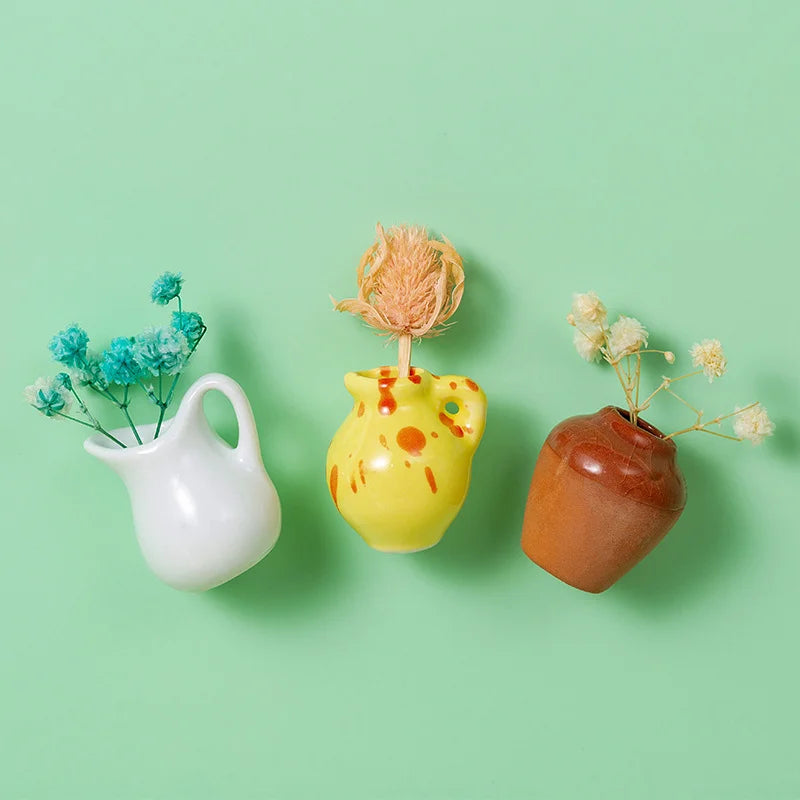 Mini Ceramic Magnetic Bud Vase Set – Aesthetic Fridge Flower Magnets (Cute Micro Decor)