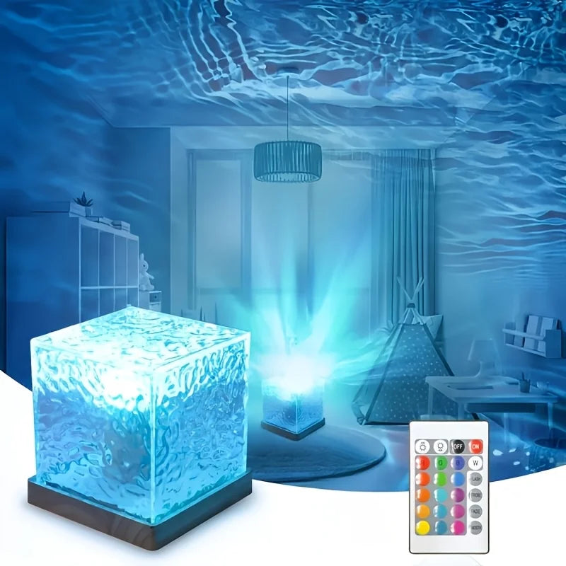16-Color Ocean Wave Aurora Projector Lamp – USB LED Night Light with Remote, Dimmable & Rotating Water Effect