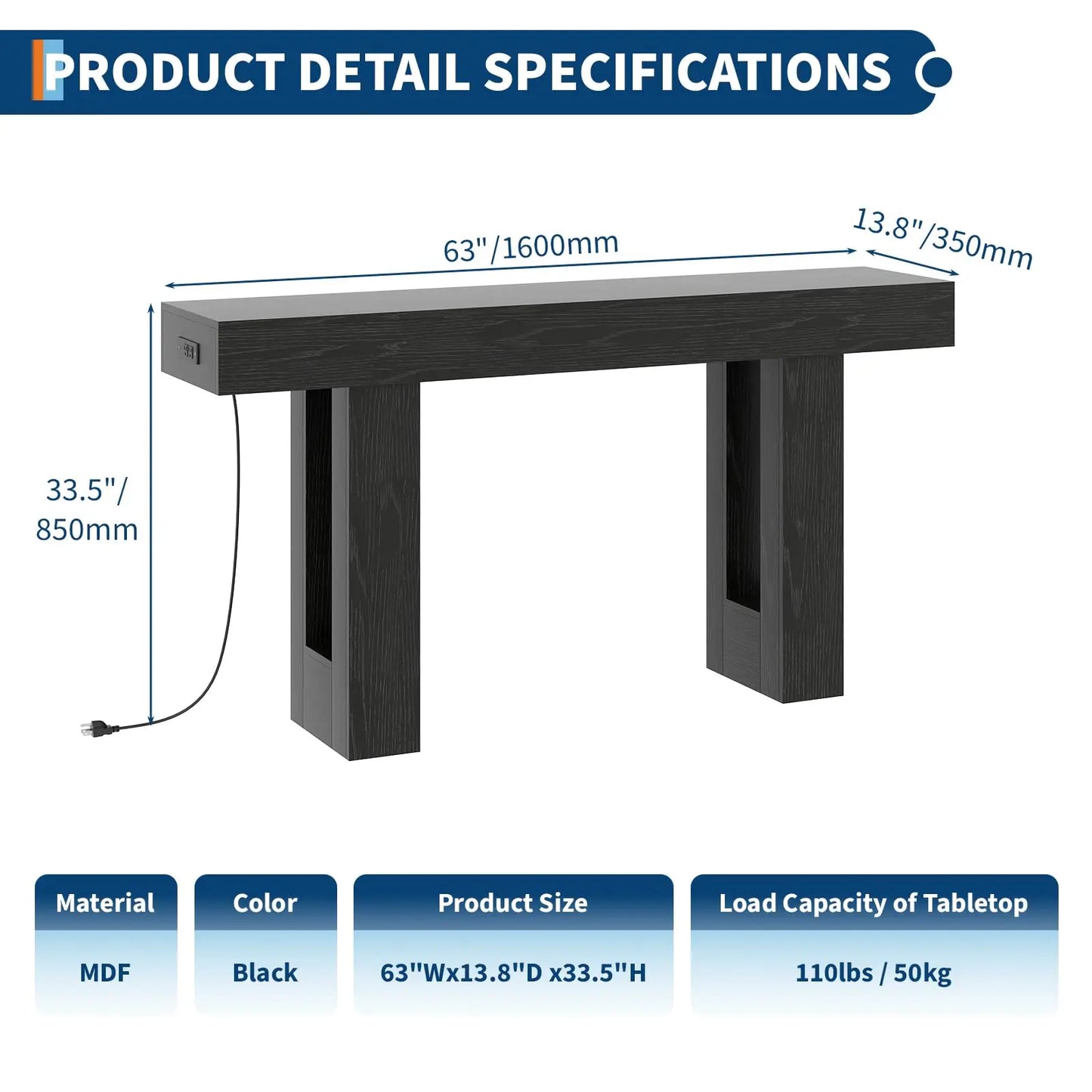 63” Rustic Charging Console Table with USB-C – Slim Sofa & Entryway Table