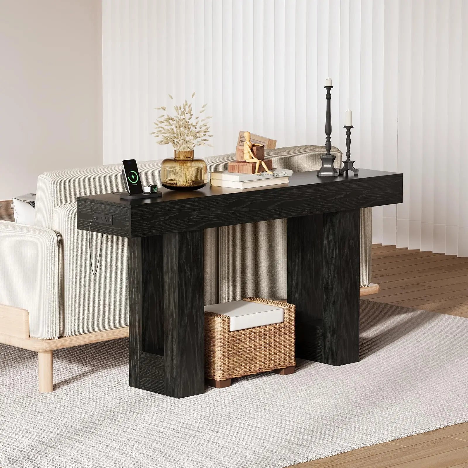 63” Rustic Charging Console Table with USB-C – Slim Sofa & Entryway Table