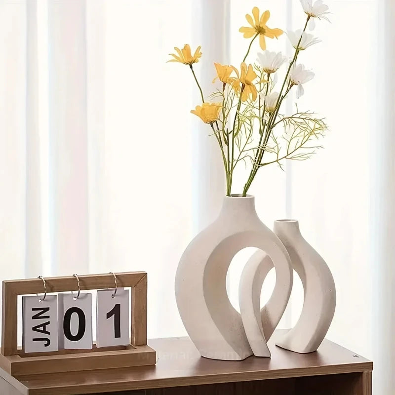 Hollow Nordic Modern Vase Set of 2 | Plastic Imitation Ceramic Vases for Minimalist Home Decor