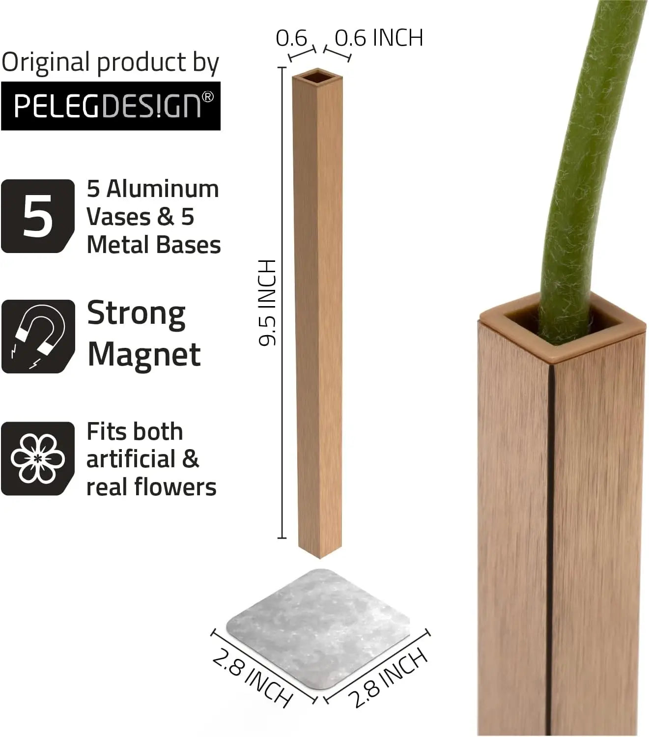 Magnetic Gold Flower Vase Set (5-Pack) – Modern Aluminum Wall Vases for Home Decor
