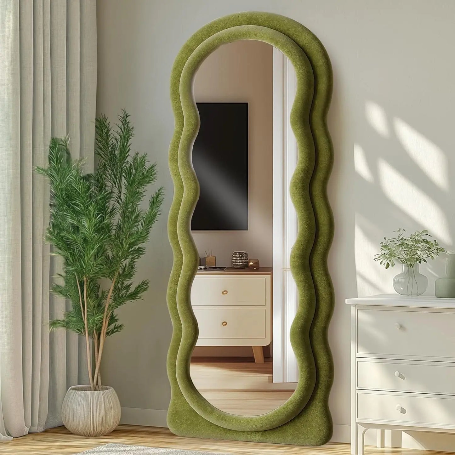 🪞 Full-Length Arched Wavy Mirror 63" x 24" – Milk Tea Flannel Frame | Wall Mounted, Floor, or Leaning Mirror