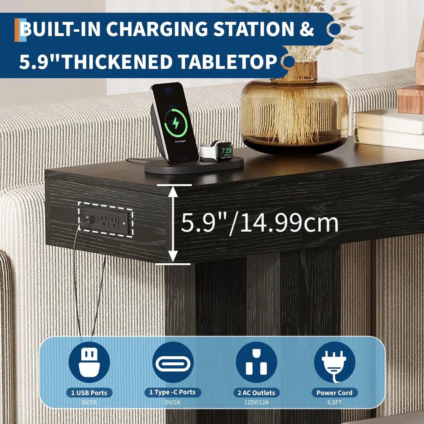 63” Rustic Charging Console Table with USB-C – Slim Sofa & Entryway Table