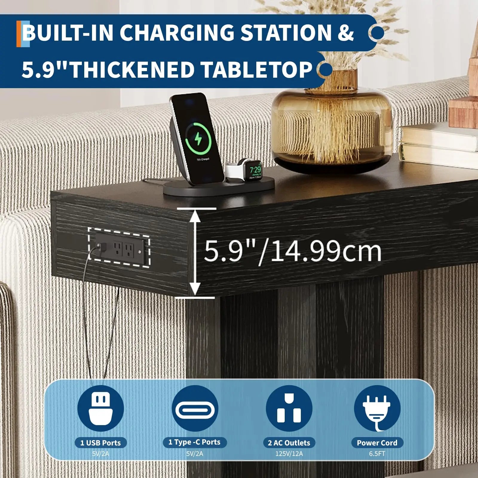63” Rustic Charging Console Table with USB-C – Slim Sofa & Entryway Table