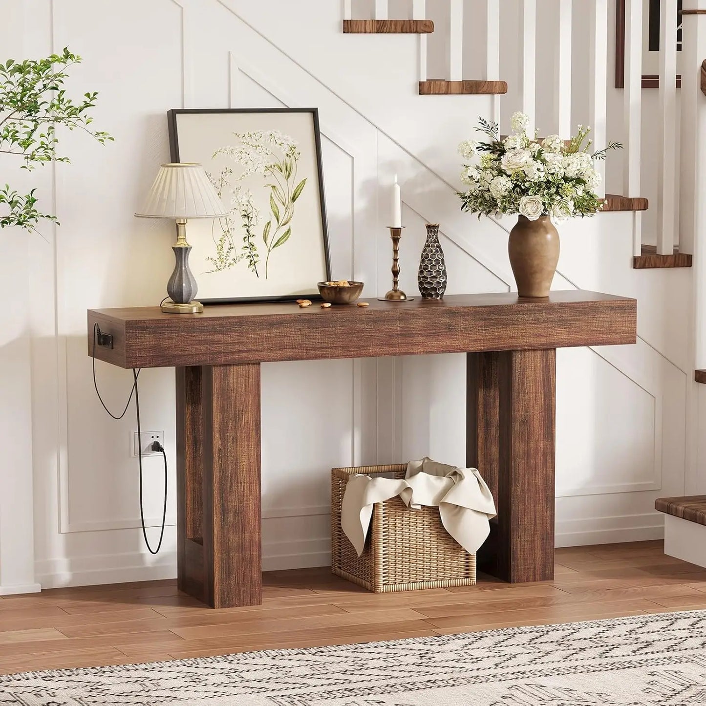 63” Rustic Charging Console Table with USB-C – Slim Sofa & Entryway Table