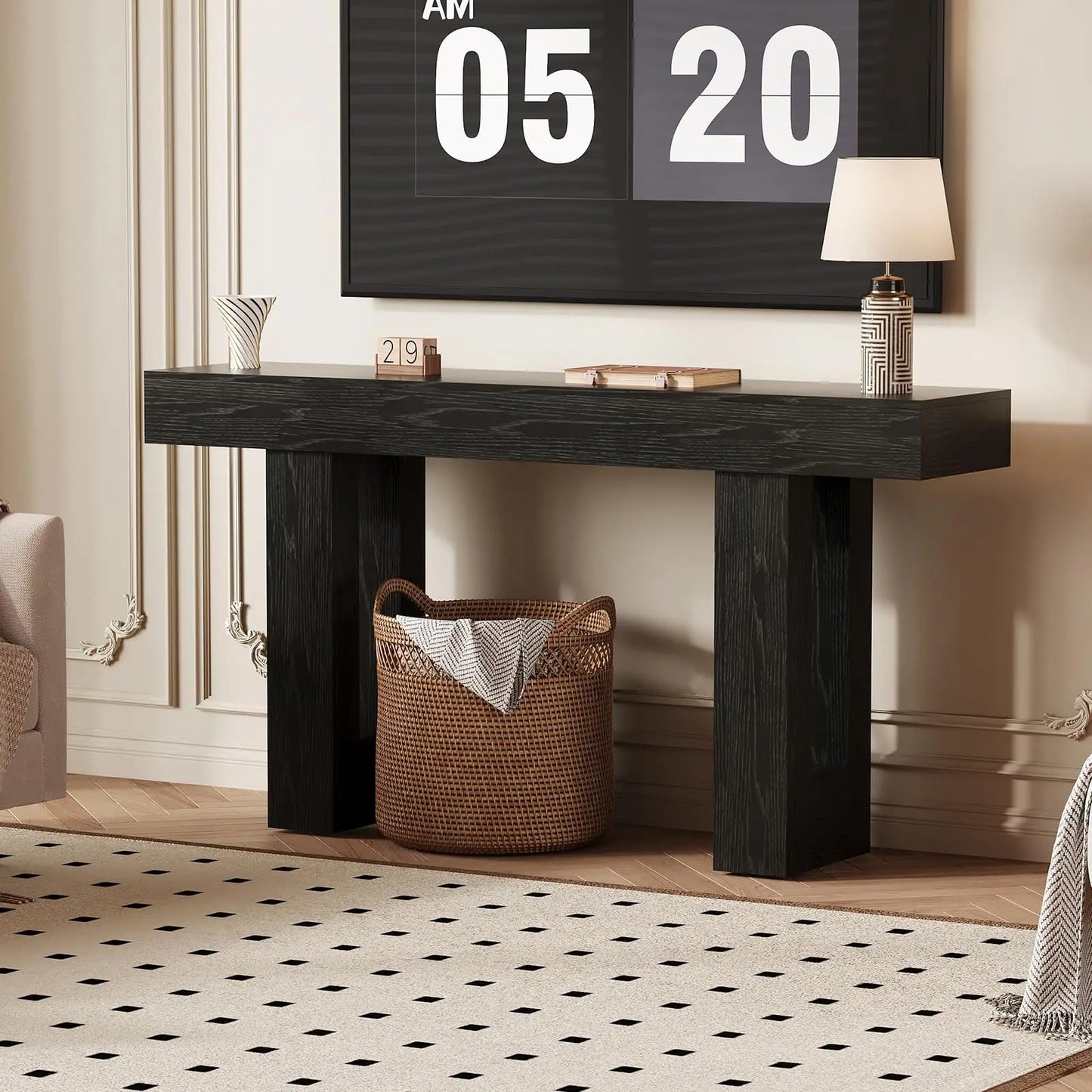 63” Rustic Charging Console Table with USB-C – Slim Sofa & Entryway Table