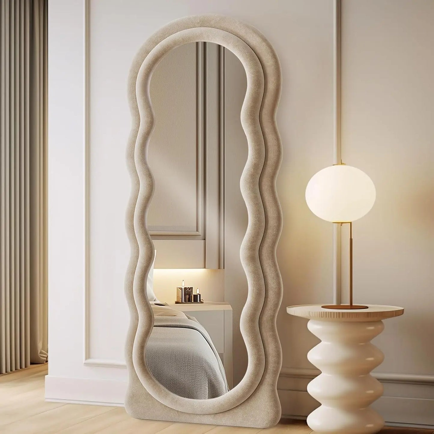 🪞 Full-Length Arched Wavy Mirror 63" x 24" – Milk Tea Flannel Frame | Wall Mounted, Floor, or Leaning Mirror