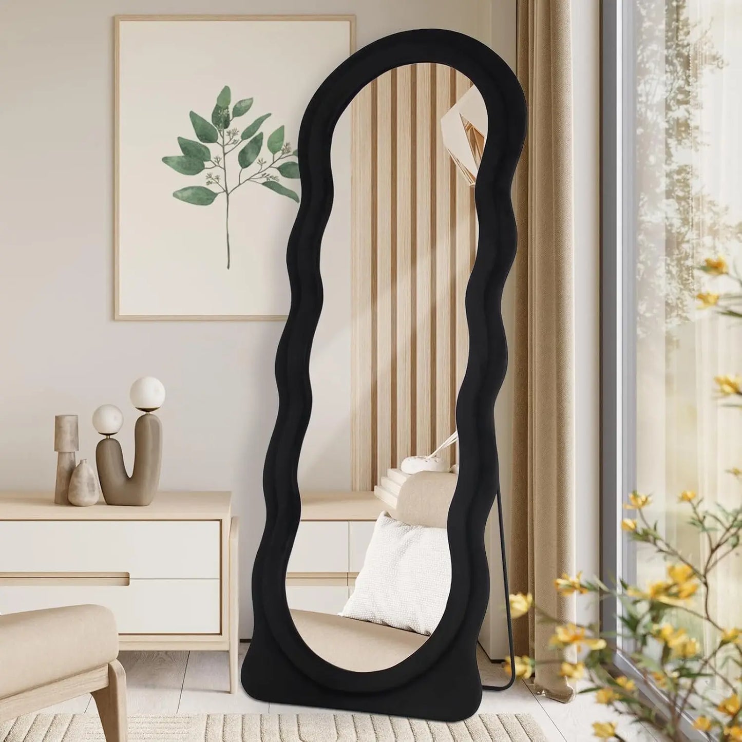 🪞 Full-Length Arched Wavy Mirror 63" x 24" – Milk Tea Flannel Frame | Wall Mounted, Floor, or Leaning Mirror