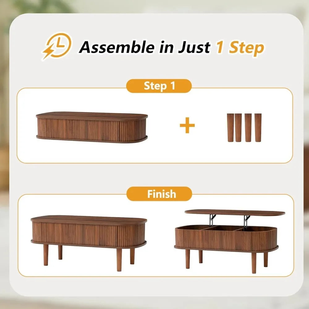 Lift Top Oval Coffee Table – Modern Fluted Wood Center Table with Hidden Storage, Fully Assembled Design