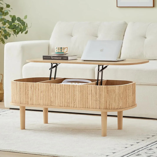 Lift Top Oval Coffee Table – Modern Fluted Wood Center Table with Hidden Storage, Fully Assembled Design
