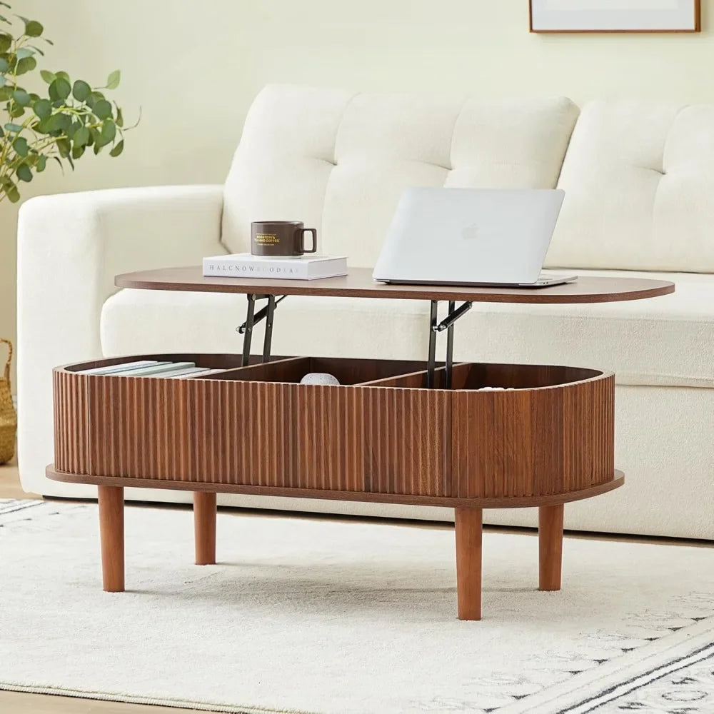 Lift Top Oval Coffee Table – Modern Fluted Wood Center Table with Hidden Storage, Fully Assembled Design