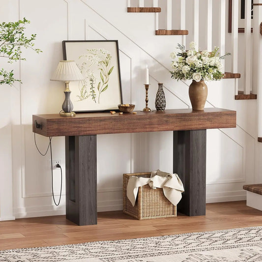 63” Rustic Charging Console Table with USB-C – Slim Sofa & Entryway Table