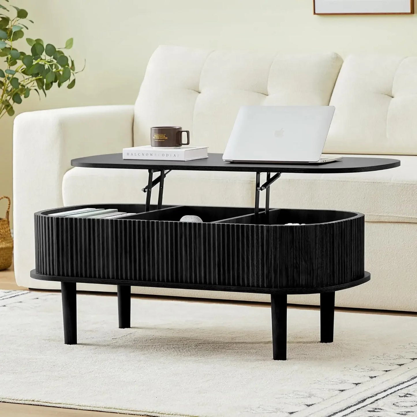 Lift Top Oval Coffee Table – Modern Fluted Wood Center Table with Hidden Storage, Fully Assembled Design