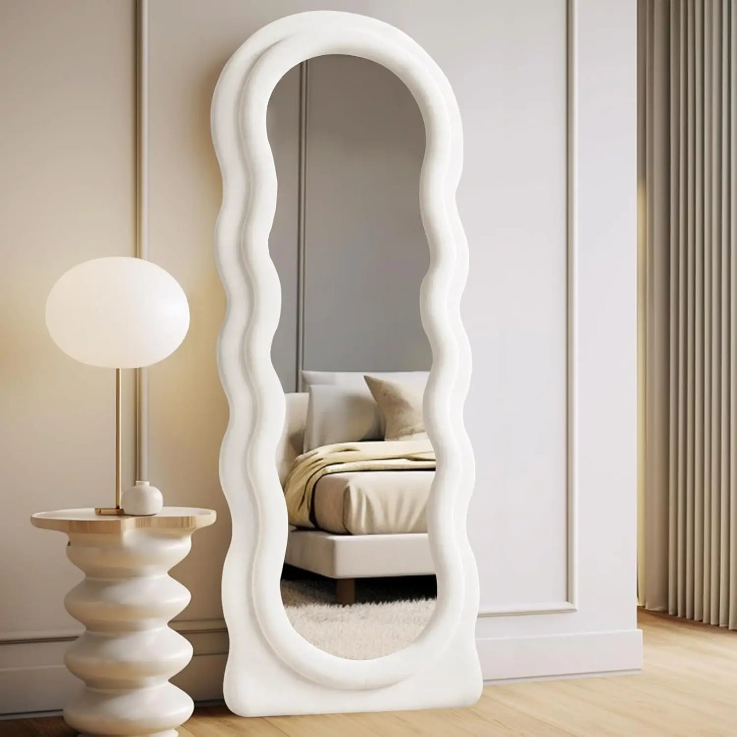 🪞 Full-Length Arched Wavy Mirror 63" x 24" – Milk Tea Flannel Frame | Wall Mounted, Floor, or Leaning Mirror