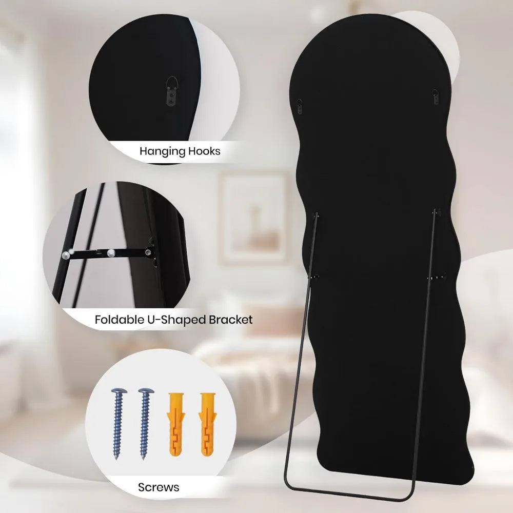 🪞 Full-Length Arched Wavy Mirror 63" x 24" – Milk Tea Flannel Frame | Wall Mounted, Floor, or Leaning Mirror